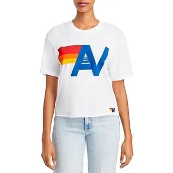 Aviator Nation Cropped AV Logo Graphic Tee White Rainbow T/Shirt Sz S - Picture 2 of 13
